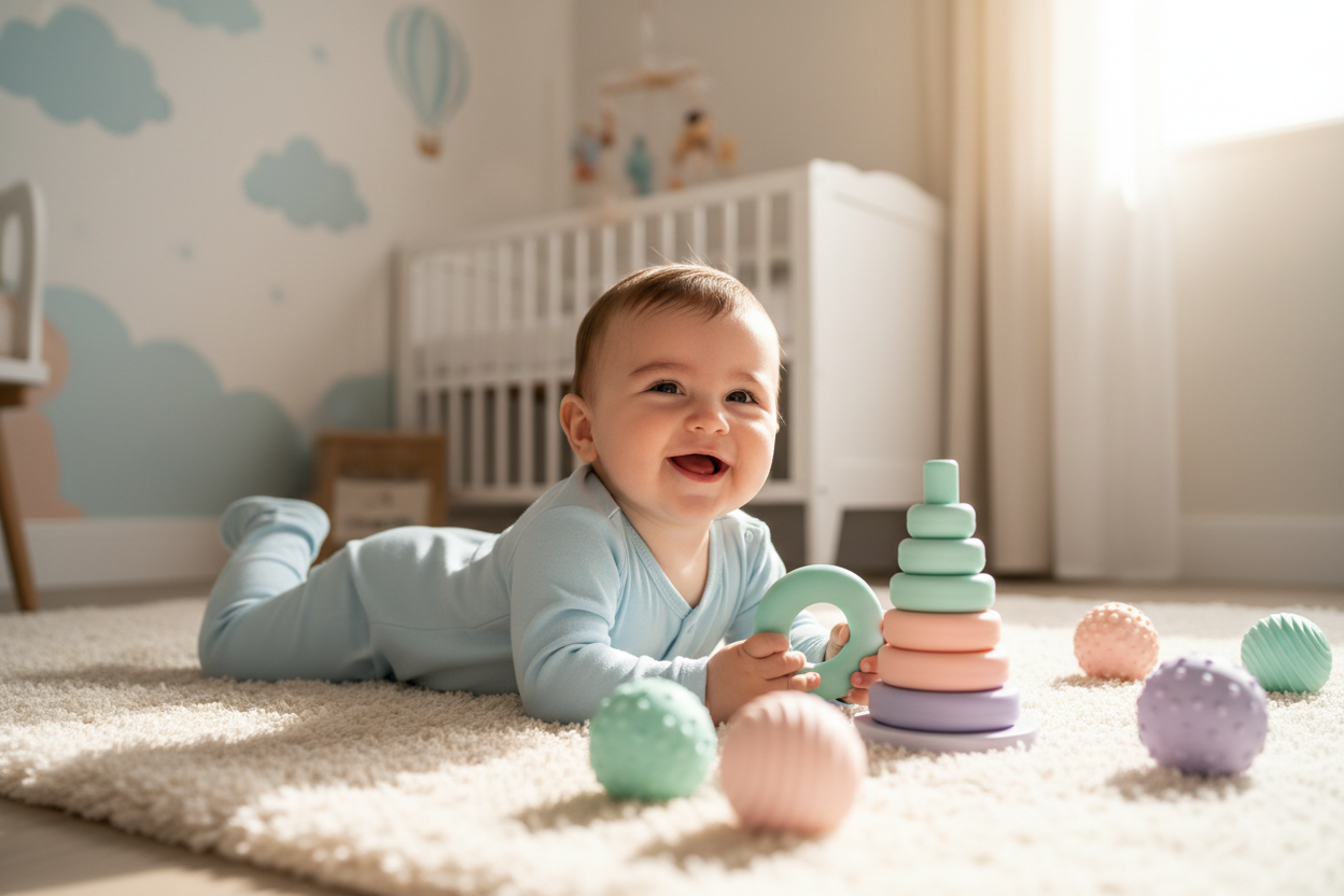 bebe chileno, 3 meses de edad, viste pijama celeste, juega en el suelo de su habitación, con una torre apilable sensorial de silicona de colores pasteles, y pelotas sensoriales con texturas de silicona 