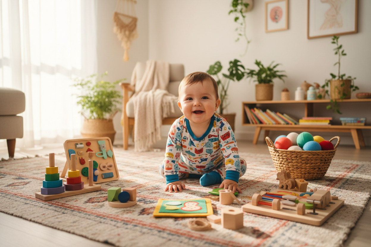 bebe chileno de un año, con pijama de colores, jugando en el suelo arriba de una alfombra en su casa, con juguetes de colores estilo Montessori 