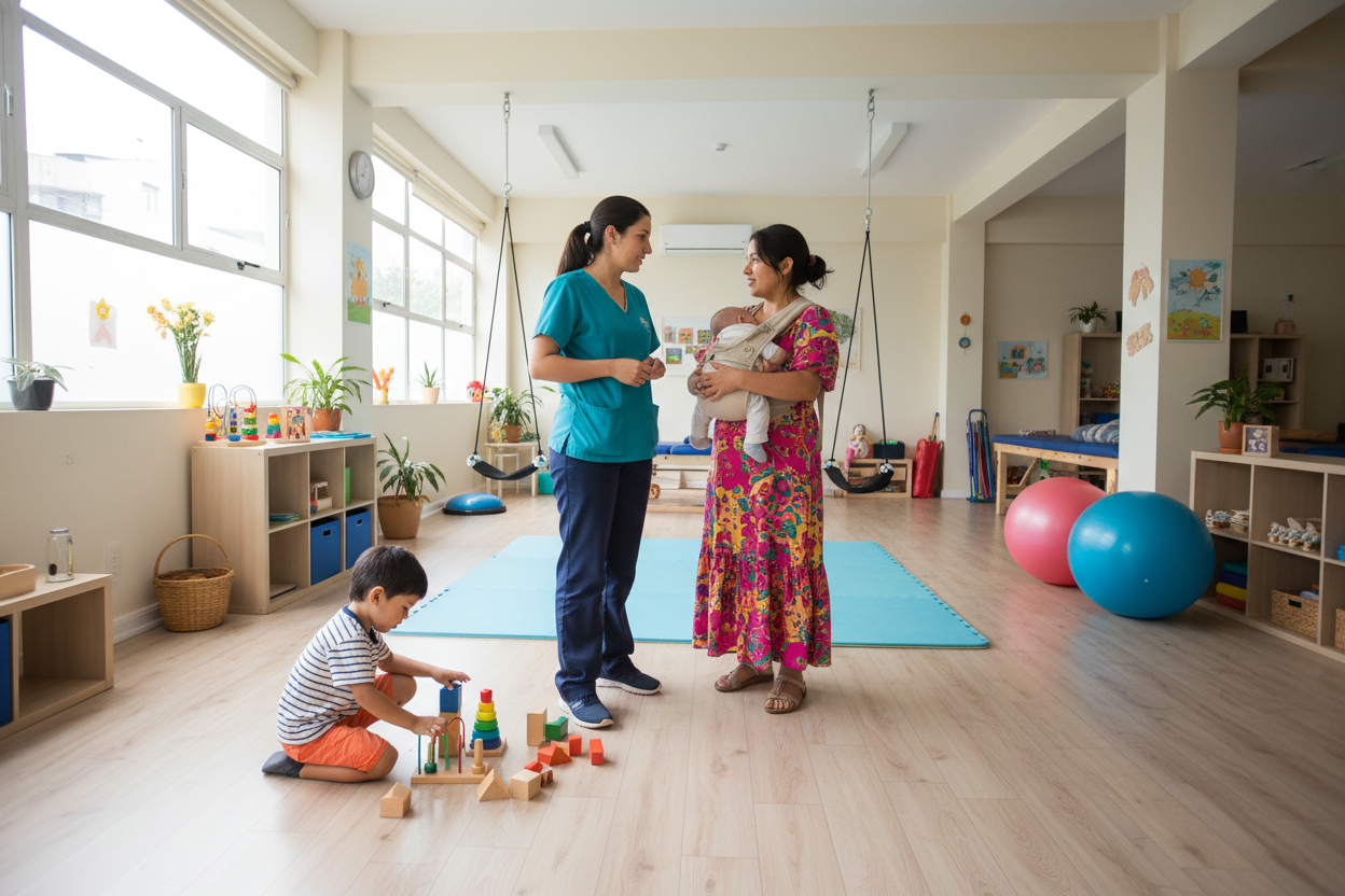 el unifome de la terapeuta es de dos colores, el niño juega con menos jugetes, la imagen se ve mas de lejos 