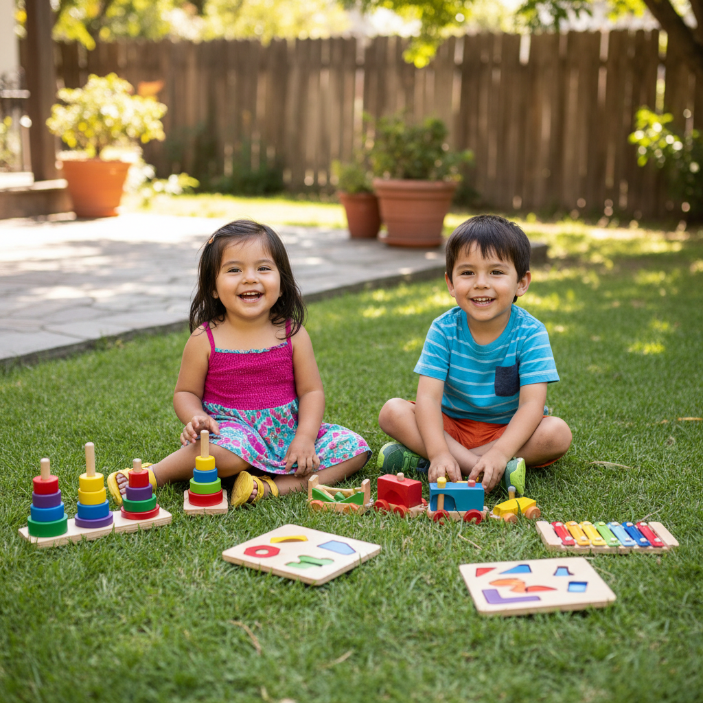 niña y niño chilenos de 3 años, visten ropa de colores vivos, en el patio de su casa, sentado en el pasto, juegan con juguetes de madera de color, estilo montessori, 5 juguetes, imagen cuadrada 