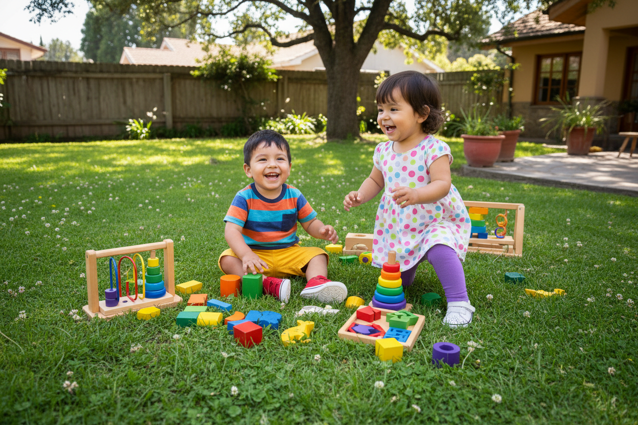 un niño y una niña chilenos de 3 años de edad, jugando en el pasto en el patio de una casa, visten ropas coloridas, juegan con juguetes de madera de colores estilo Montessori 